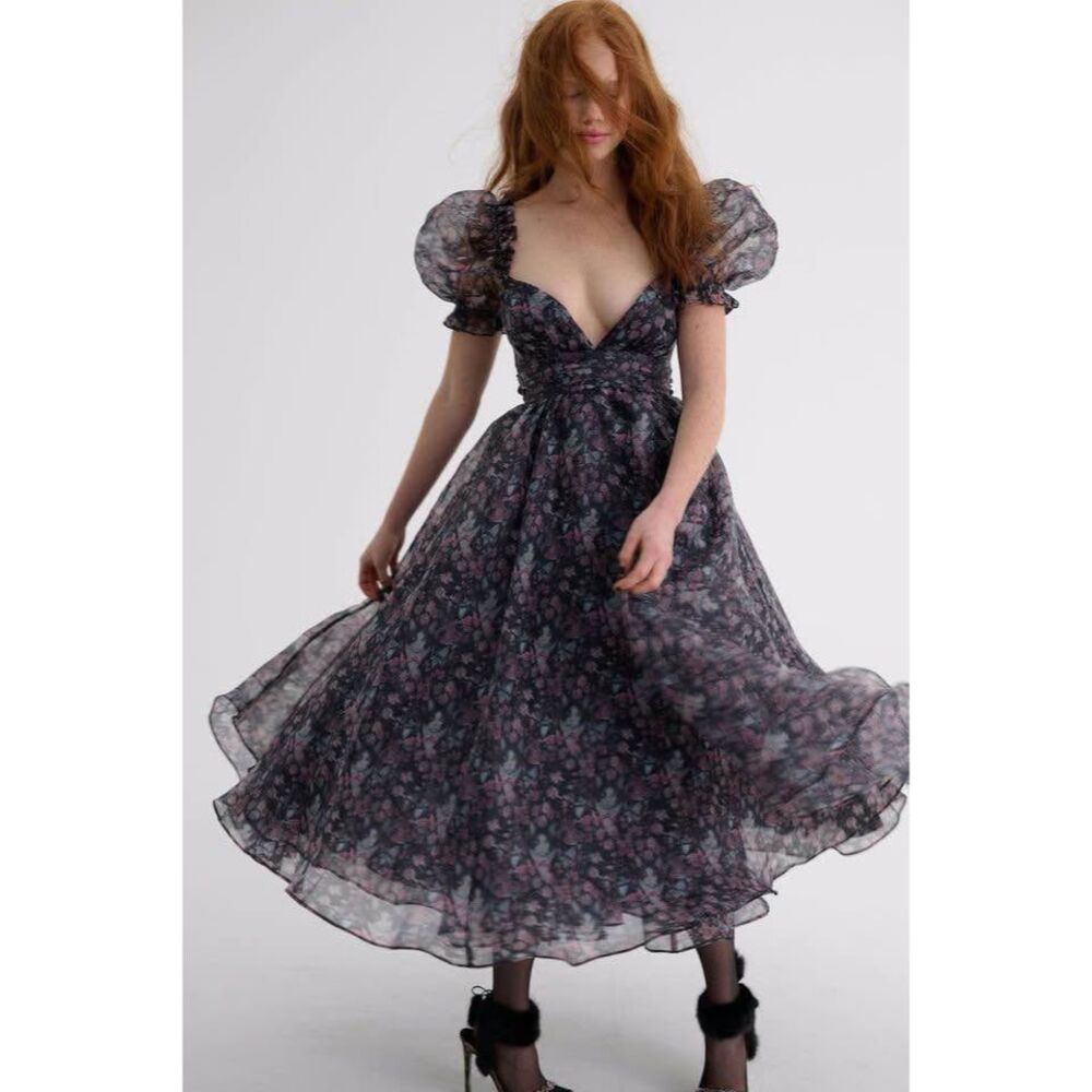 Selkie Tuxedo French Rebecca Black Floral Puff Sleeve Midi Dress XS Cat Kitty